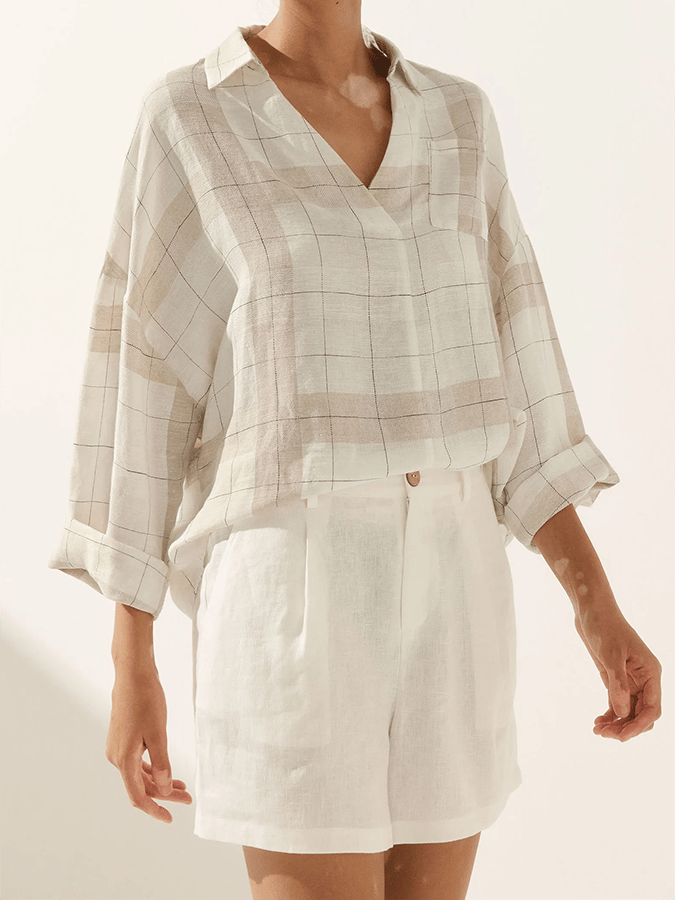 Women's Plaid V-Neck Pocket Patchwork Loose Casual Long-Sleeved Top