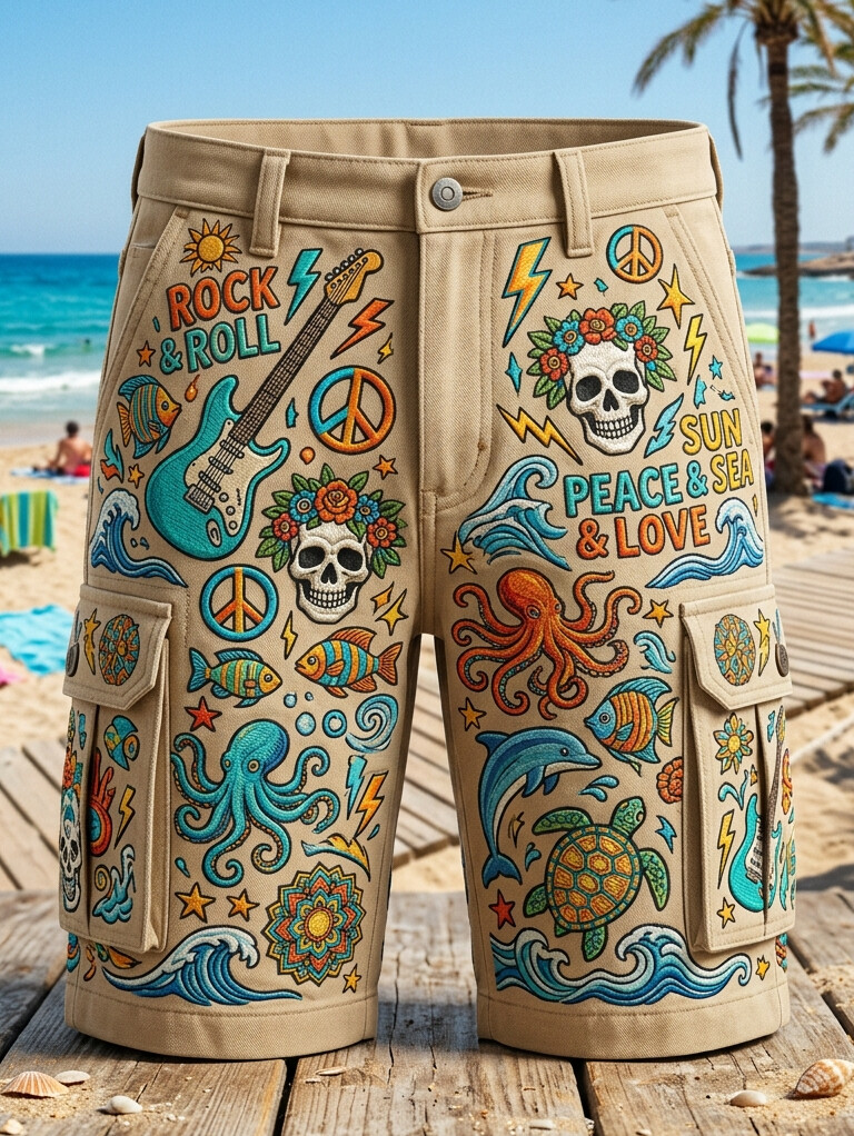 Men's Rock & Roll Ocean Peace Sign Skull Art Print Casual Shorts