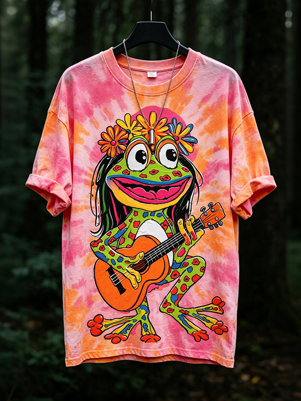 Men's Hippie Frog Tie-Dye Guitar Art Print T-Shirt