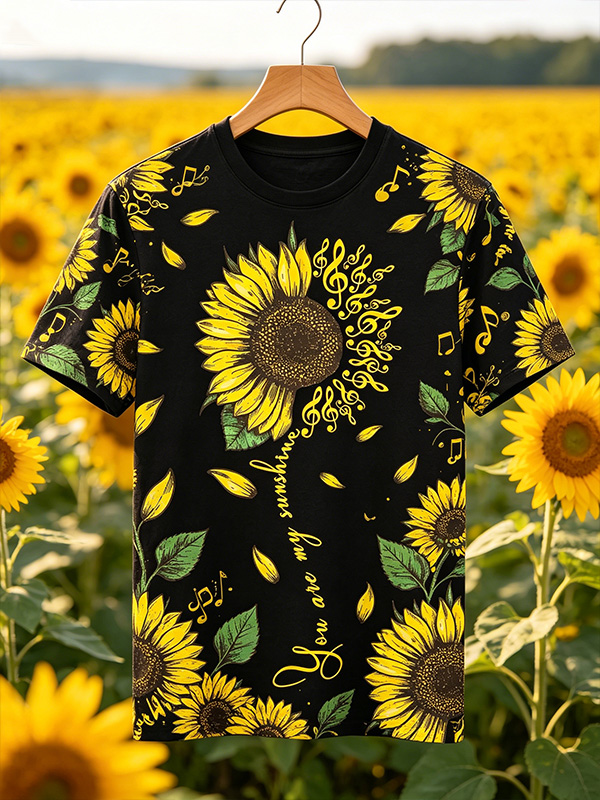 Men's Sunflower And Music Note Print T-Shirt