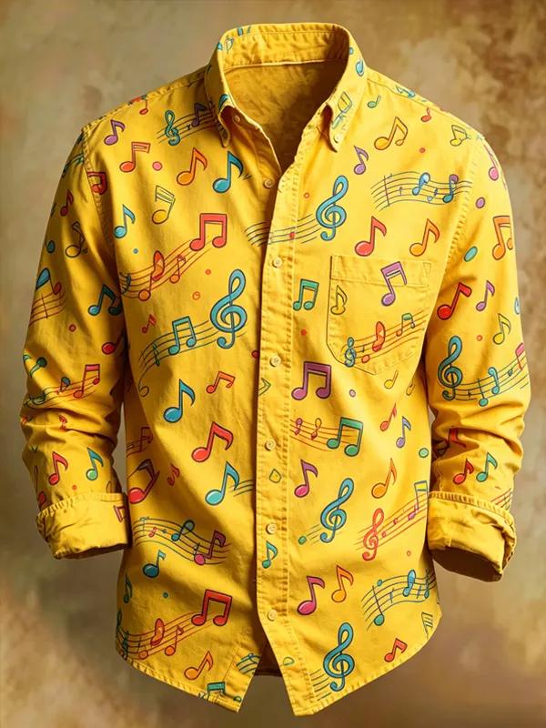 Men's Colored Musical Notes Print Long Sleeve Shirt