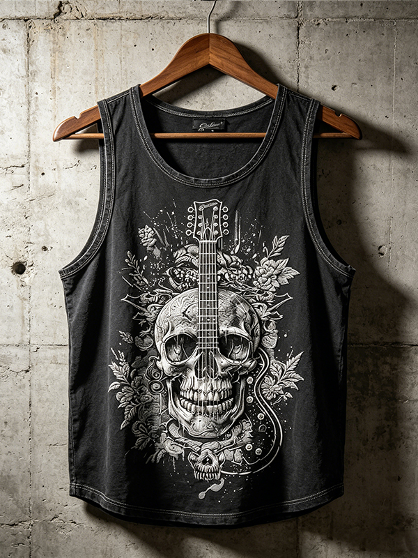 Men's Skull Guitar Floral Vintage Rock Style Art Print Tank Top