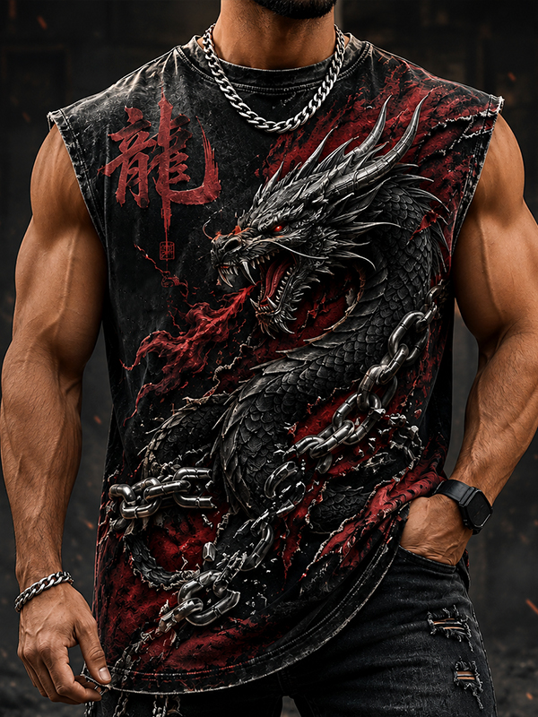 Men's Dragon And Chain Print Tank Top