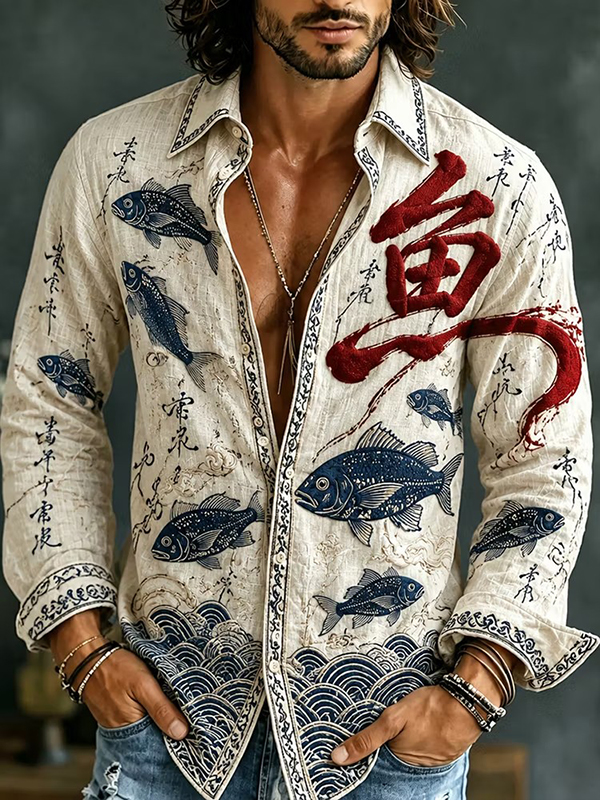 Men's Japanese Art Fish Waves Print Long Sleeve Shirt