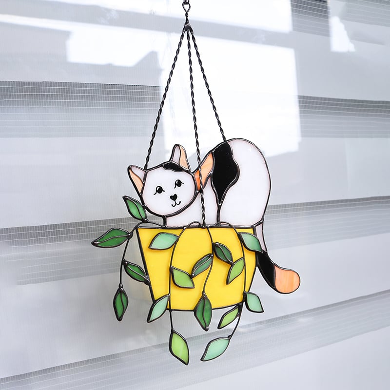 🔥LAST DAY 49% OFF-Cat in a flowerpot Suncatcher Stained Glass Window Hangins😽