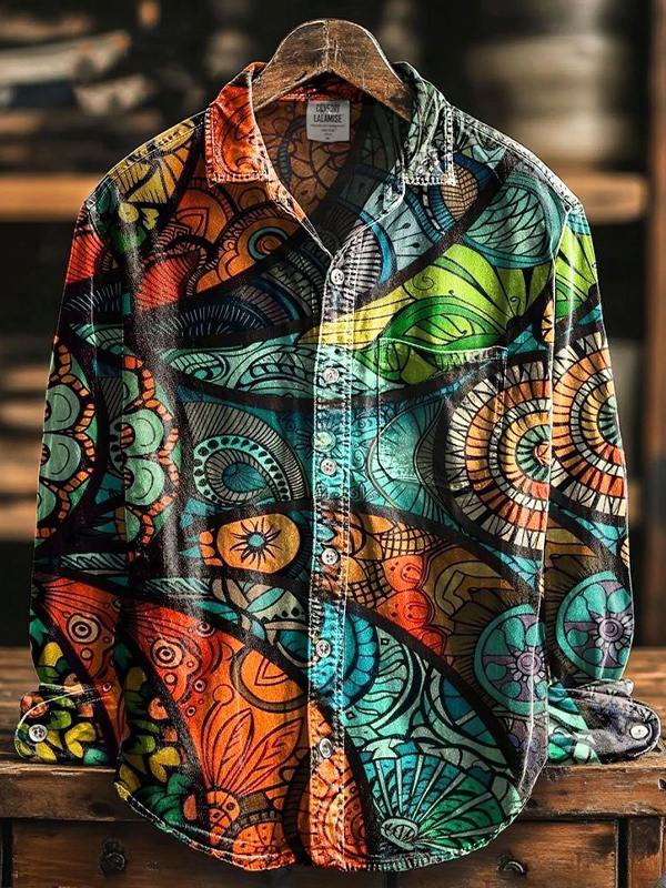 Men's Multicolor Hippie Geometric Lines Abstract Print Long Sleeve Shirt