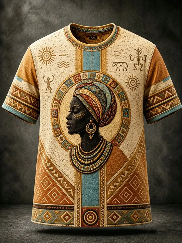 Men's Vintage African Queen Portrait Adinkra Tribal Symbols Boho Ethnic Print T-Shirt