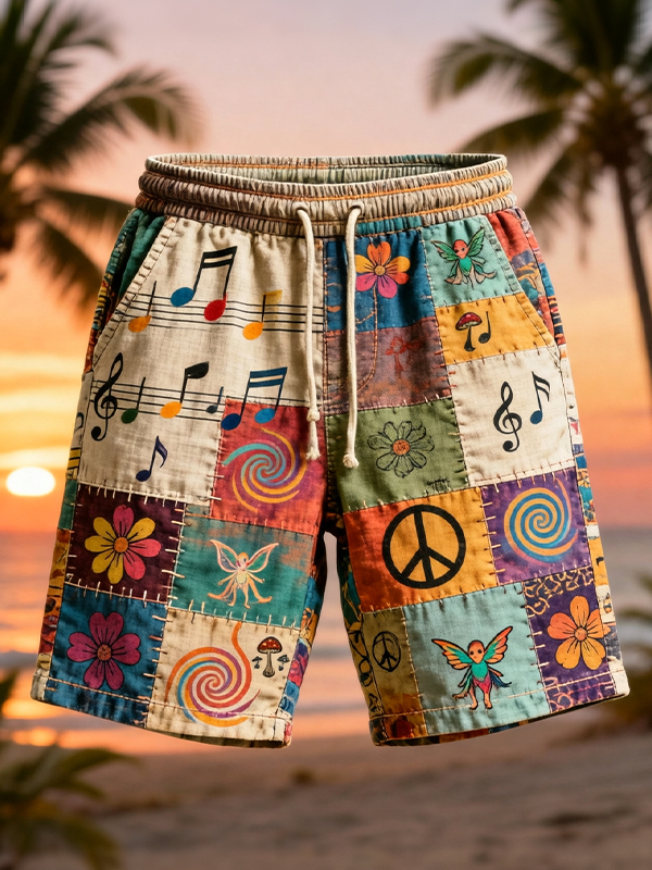 Men's Hippie Peace Symbol Vibrant Notes Art Print Casual Shorts