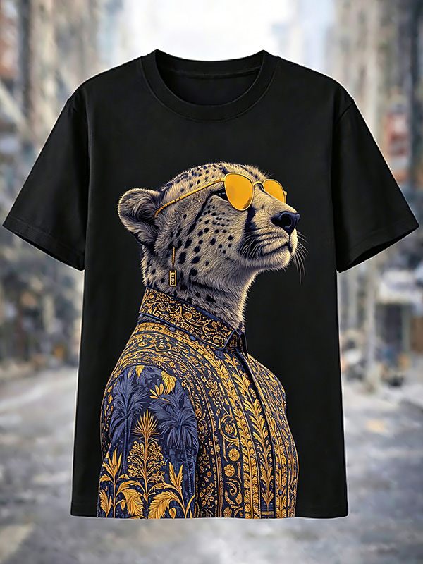 Men's Retro Scroll Grass Leopard Print Casual T-Shirt