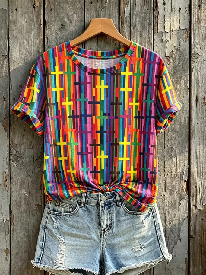Women's Rainbow Vertical Stripe Multi Color Cross All Over Print Casual T-Shirt