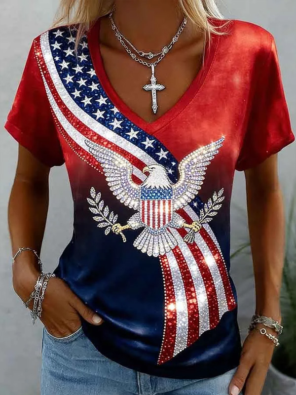 Women's American Flag Eagle Graphic Rhinestone Art Print Casual T-Shirt