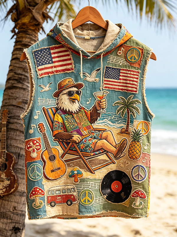 Men's Vintage Tropical Eagle Peace Sign Patchwork Print Hooded Tank Top