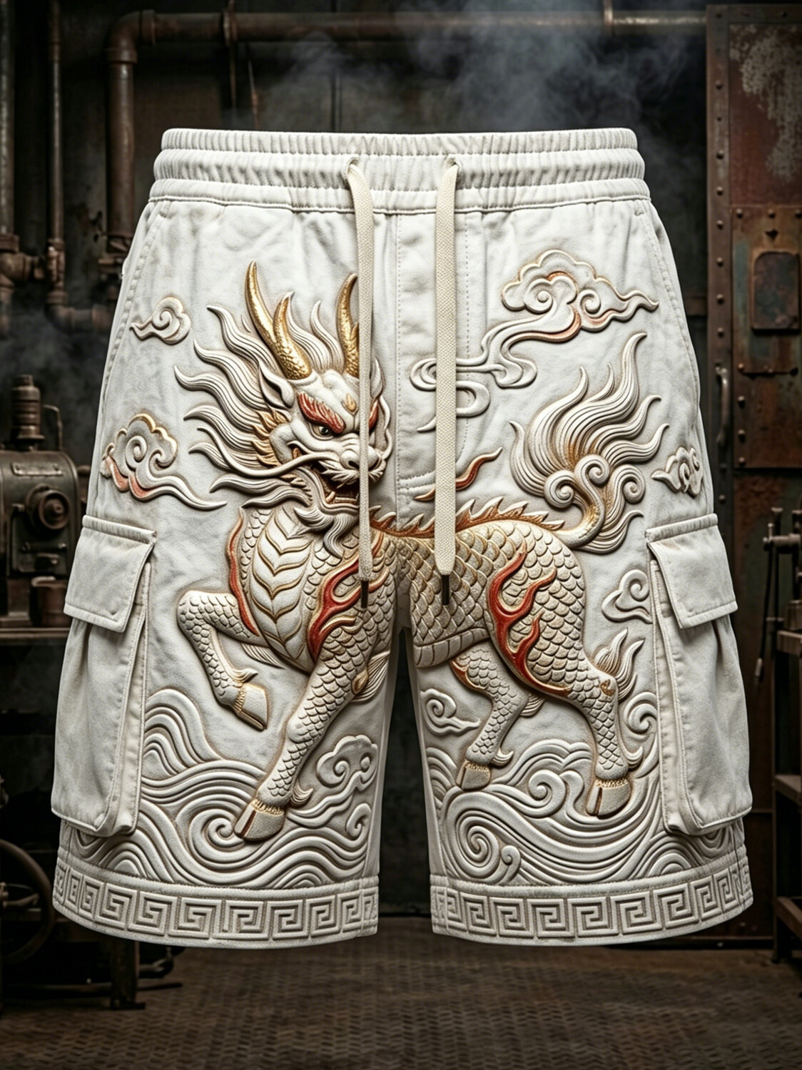 Men's Qilin Kylin Wave Pattern Print Drawstring Waist Shorts