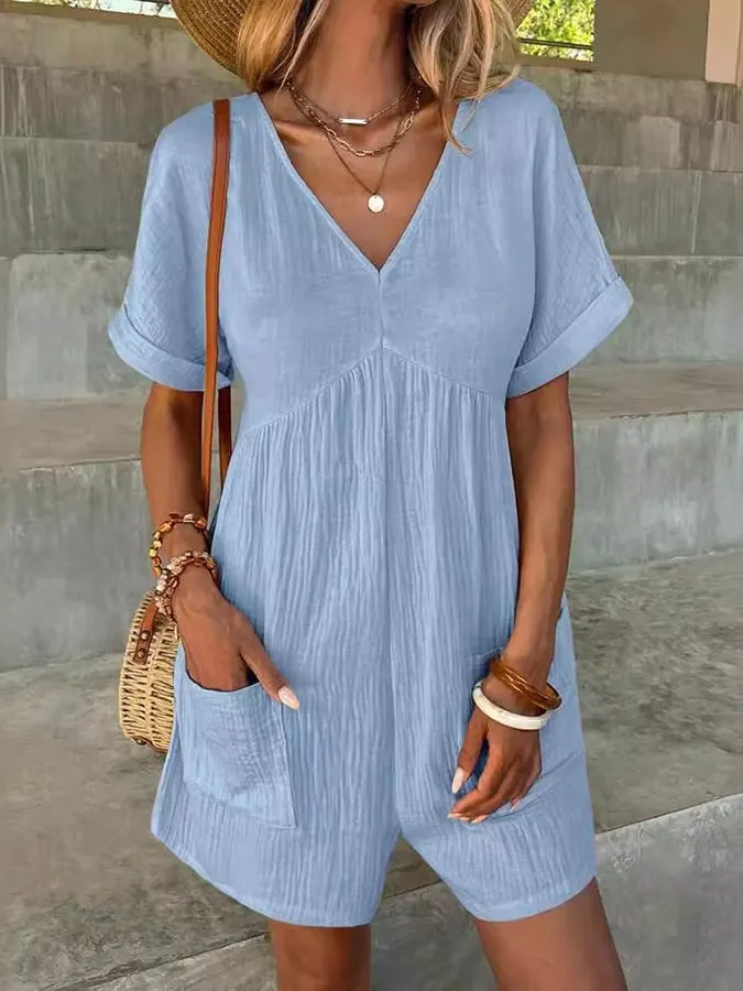 Women's Fashion Solid Color V Neck Loose Bat Sleeve Pocket Zipper Short Sleeve Jumpsuit