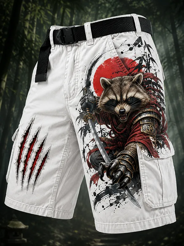 Men's The Brave Raccoon Samurai Japanese Art Print Casual Shorts