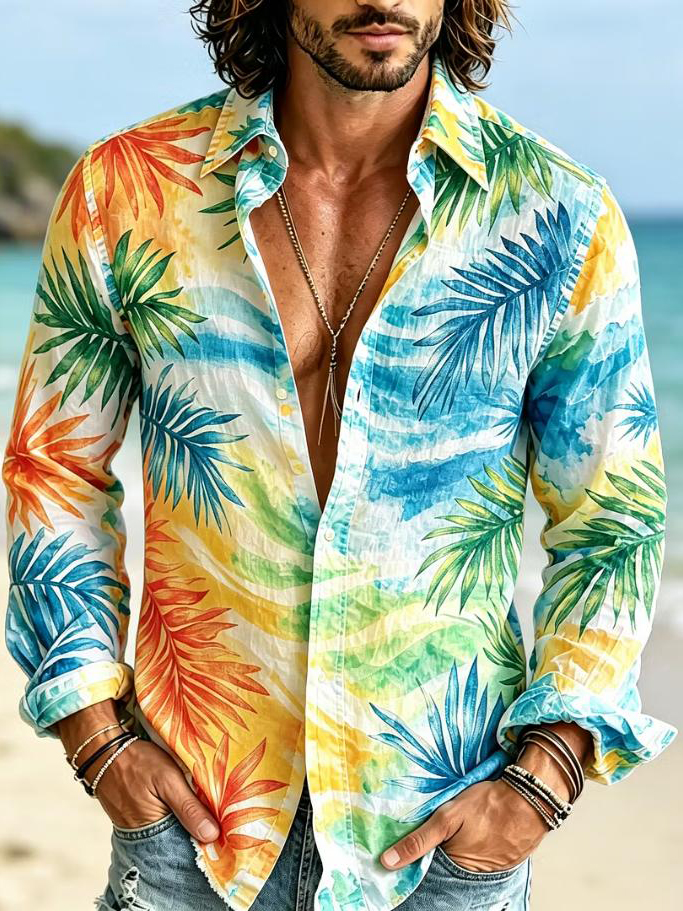 Men's Tie-Dye Plant Leaves Art Print Vacation Style Long Sleeve Shirt