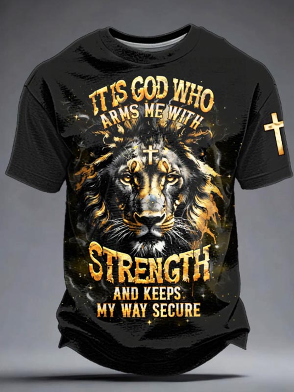 Men's It Is God Who Arms Me With Strength Lion Cross Print T-Shirt