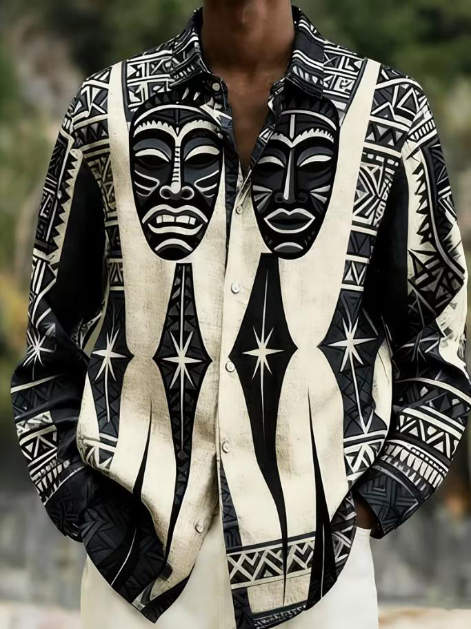 Men's African Tribal Twin Masks Geometric Ethnic Print Long Sleeve Shirt