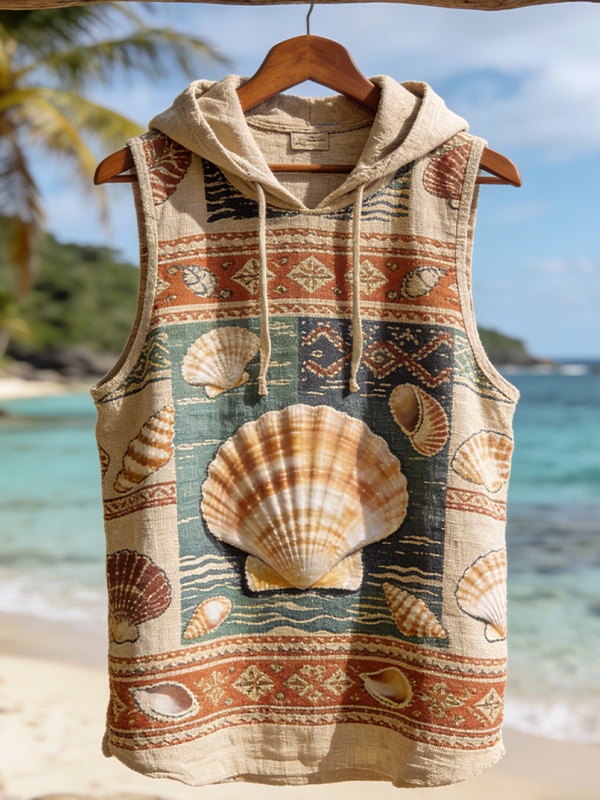 Men's Boho Shell Art Print Vacation Hooded Tank Top