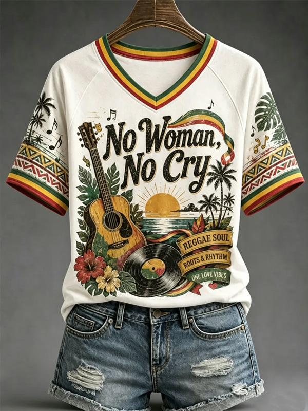 Women's No Woman No Cry Reggae Music Retro Art Print V Neck Short Sleeve T-Shirt