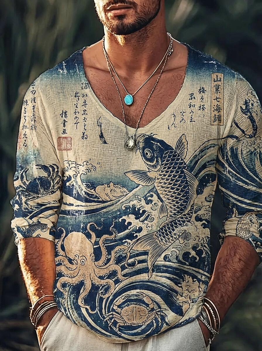 Men's Retro Japanese Ukiyo-e Wave Fish Octopus Print Long Sleeve V Neck T-Shirt