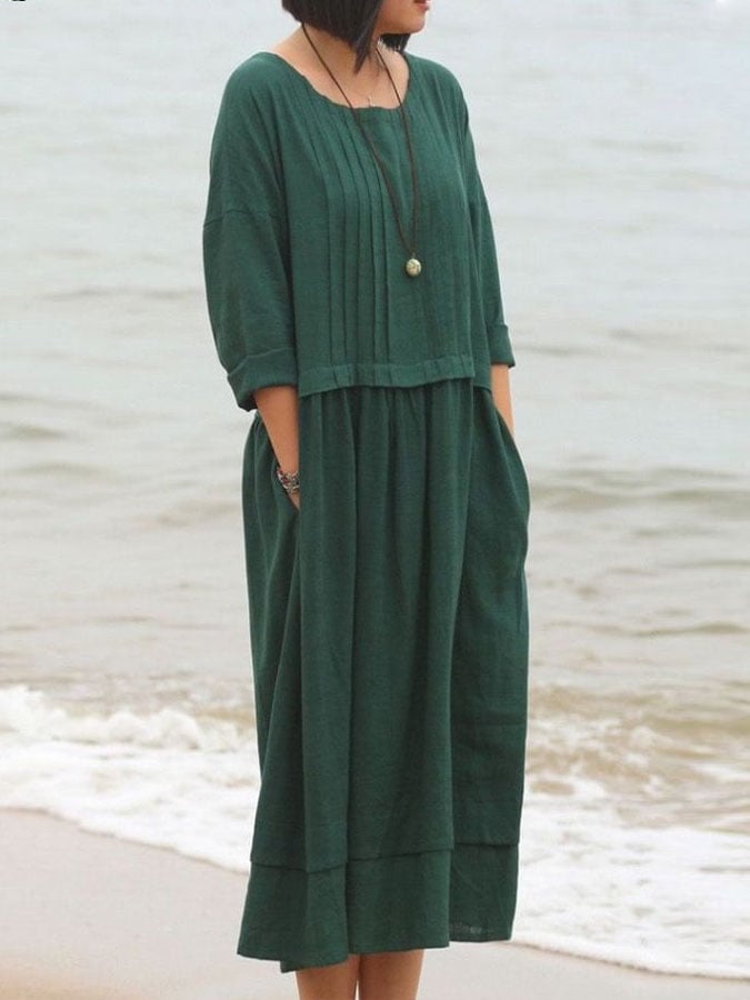 Women's Casual Solid Color Round Sleeve Shirred Dress