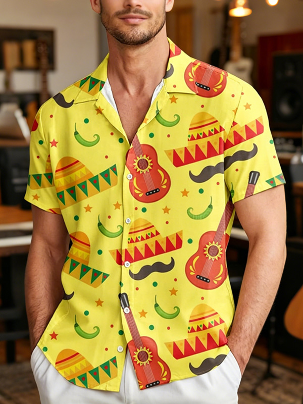 Men's Mexican Sombrero Guitar Art Print Shirt