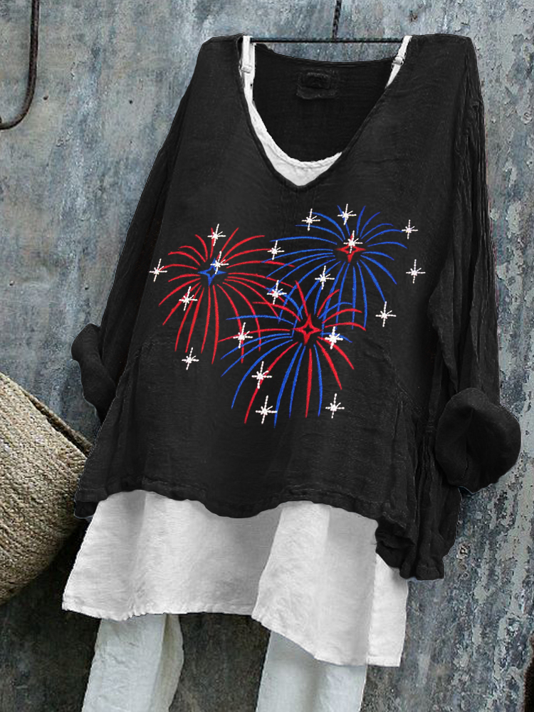 Stars & Stripes Fireworks Embroidered Linen Tunic for 4th of July Celebration