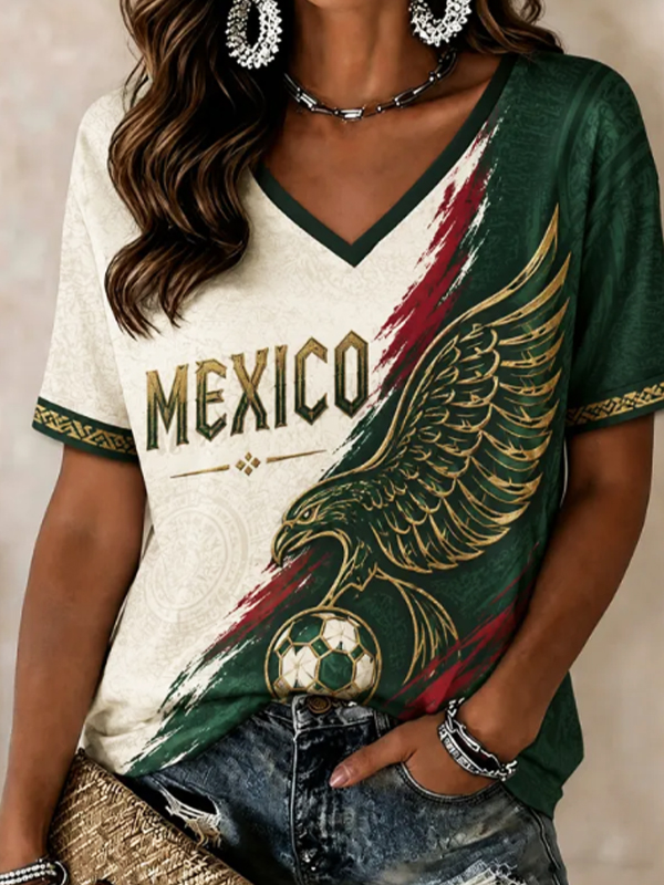 Women's Mexico Eagle Soccer Flag Brushstroke Art Print Casual V Neck T-Shirt