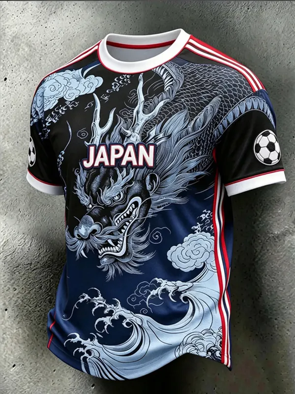 Men's Japan Soccer Jersey Wave and Dragon Art Print Casual T-Shirt