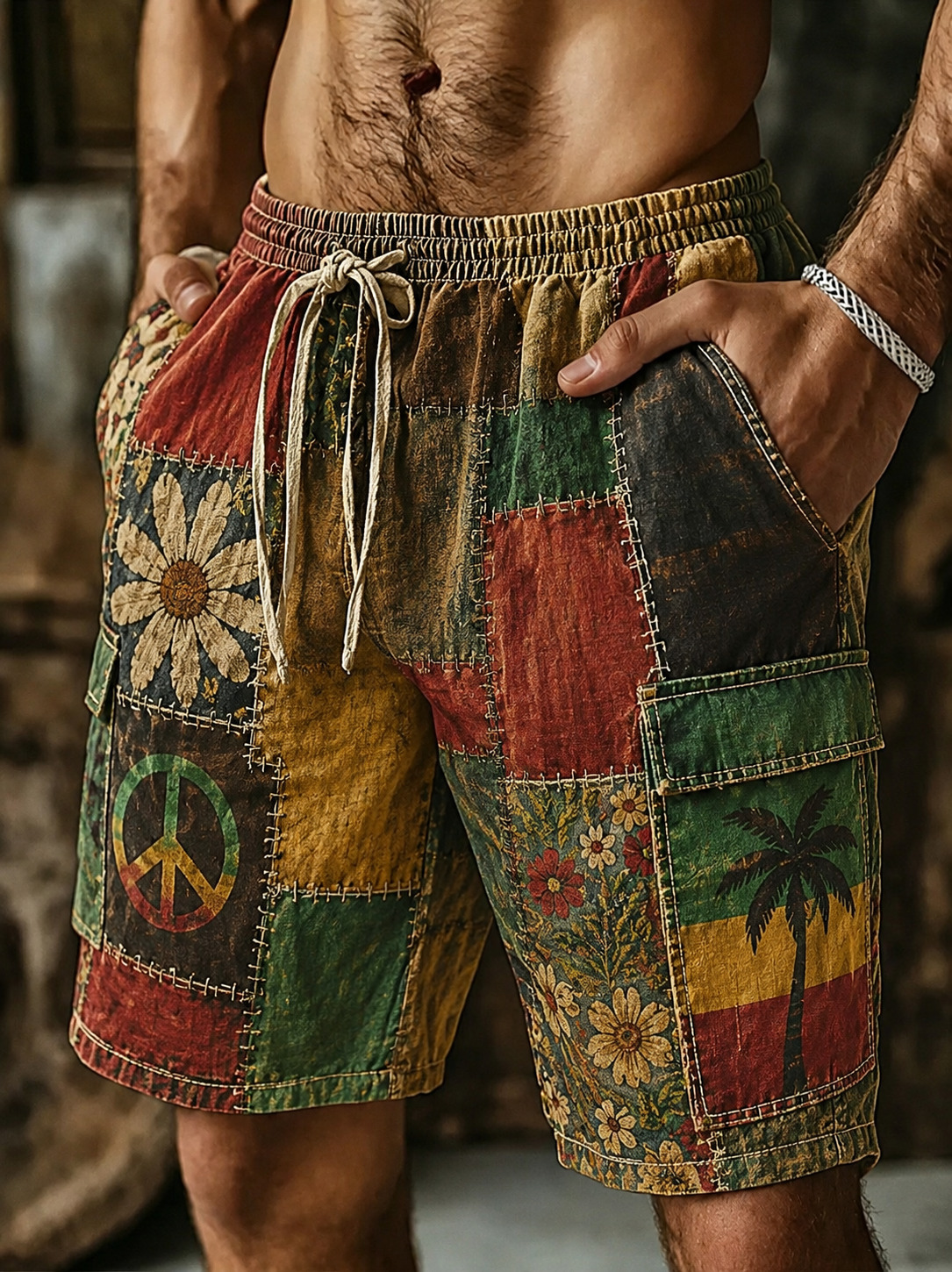 Men's Boho Peace Floral Reggae Patchwork Art Print Drawstring Waist Shorts