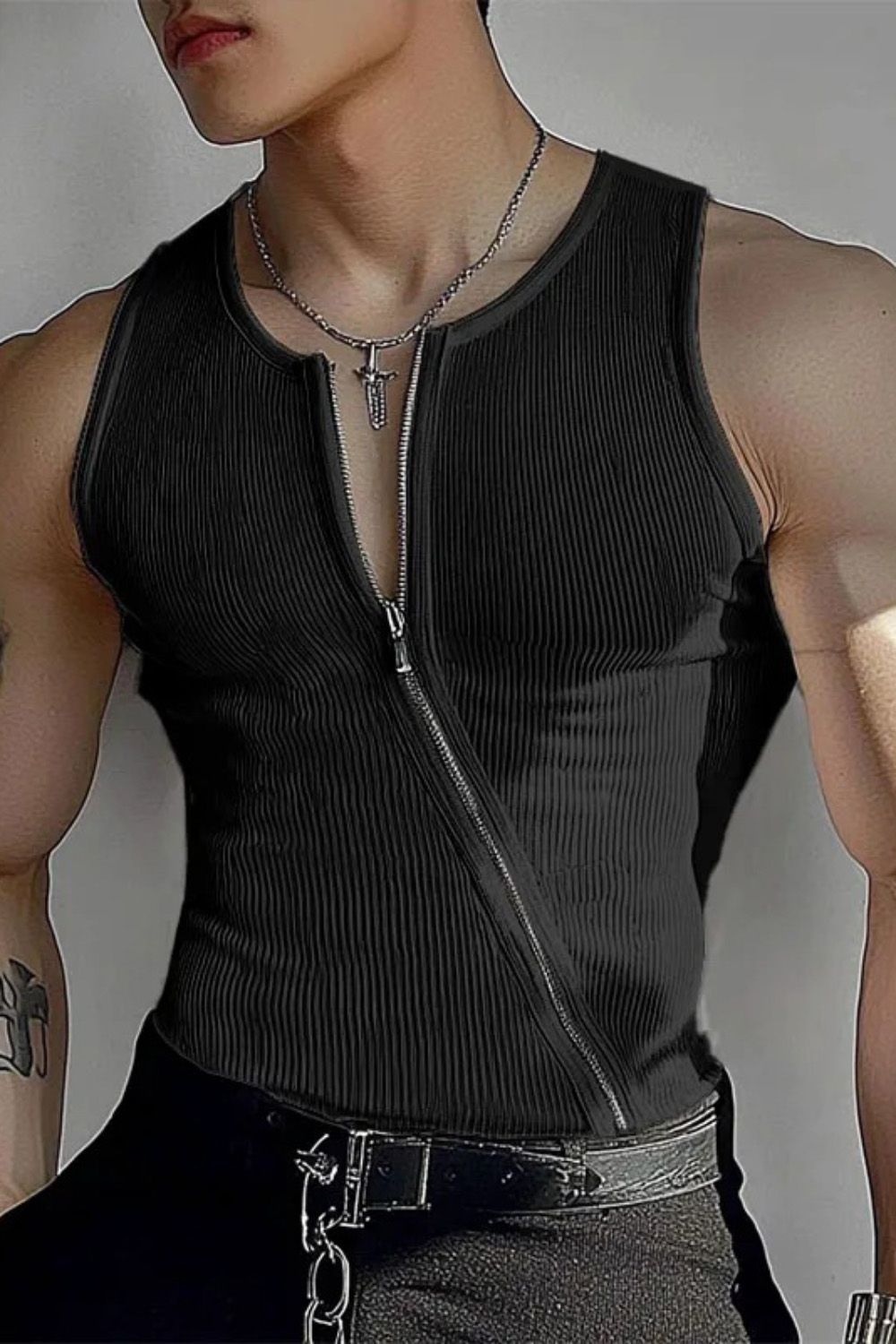 Men's Casual Solid Color Asymmetric Zipper Round Neck Ribbed Knit Slim Fit Tank Top