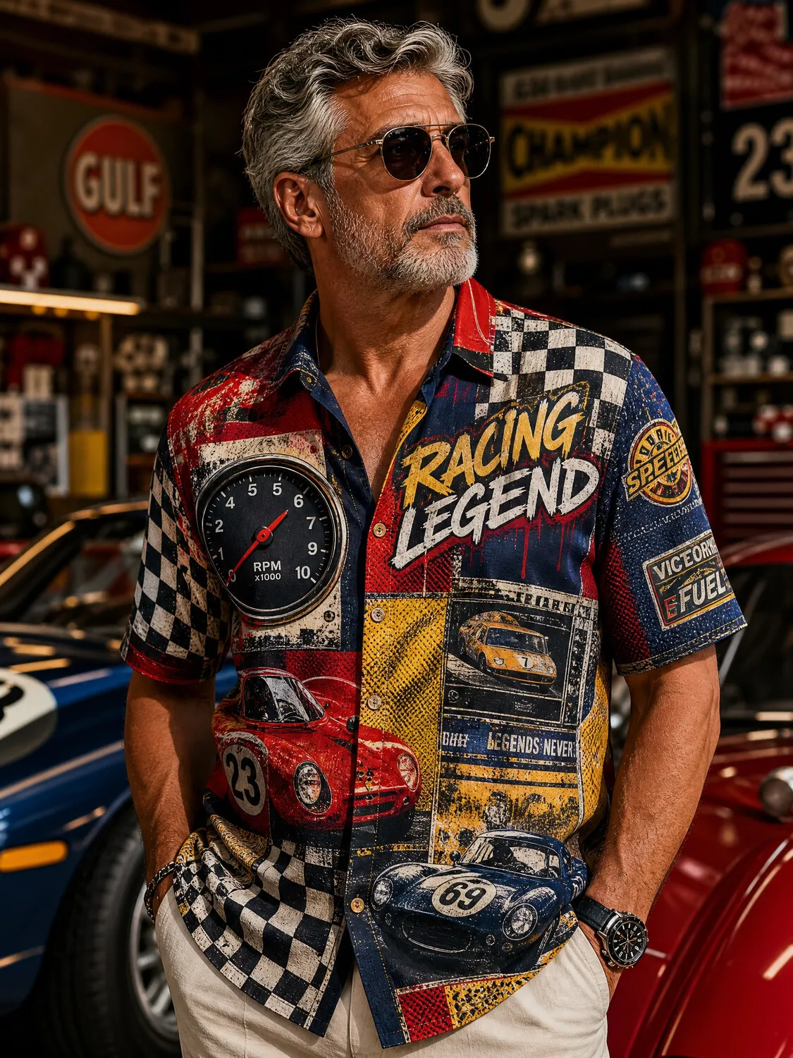 Men's Vintage Racing Checkered Race Car Speedometer Art Print Casual Shirt