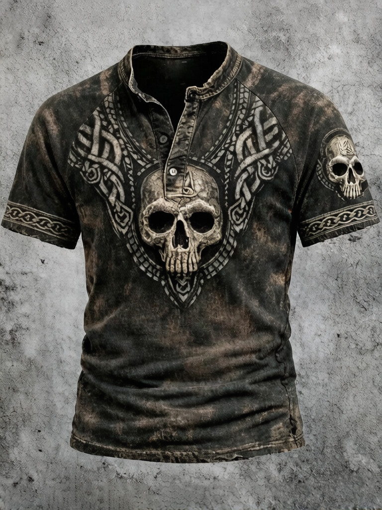 Men's Dark Art Skull Viking Celtic Knot Print Raglan Sleeve Henley T-Shirt