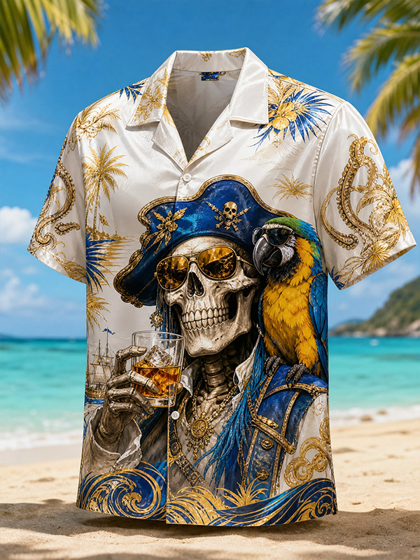 Men's Palm Tree Sunglasses Pirate Skull Macaw Ocean Wave Art Print Shirt