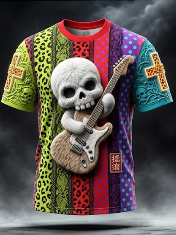 Men's Patchwork Fuzzy Skull Guitar And Cross Print T-Shirt