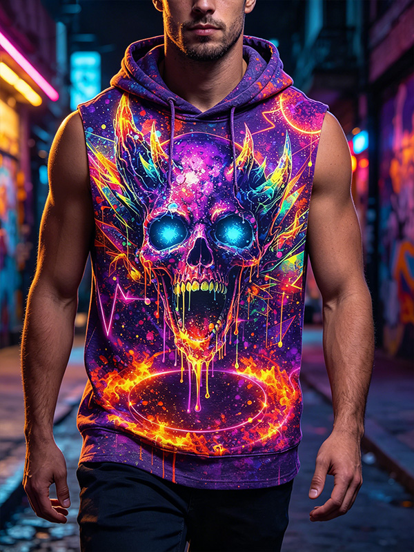 Men's Skeleton Space Art Print Hooded Tank Top