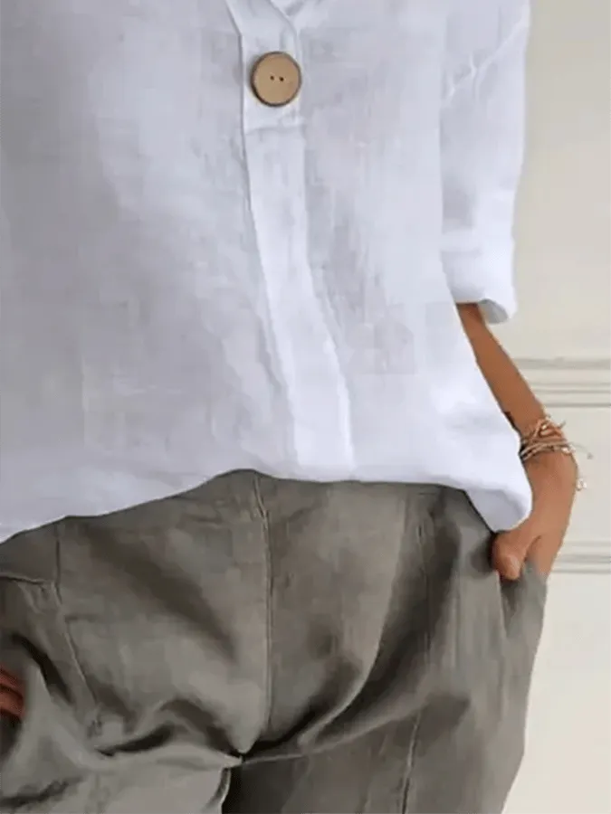 Women's Solid Color V-Neck Button Design Casual Cotton And Linen Shirt