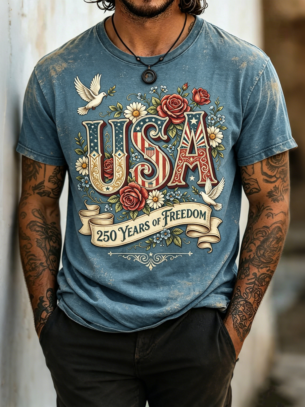 Men's Independence Day Retro Roses Doves USA 250 Years Of Freedom Print T-Shirt
