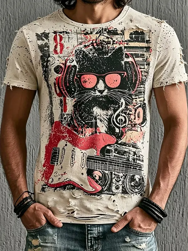Men's Fun Doodles Cat Playing Guitar Hippie Art Print T-Shirt
