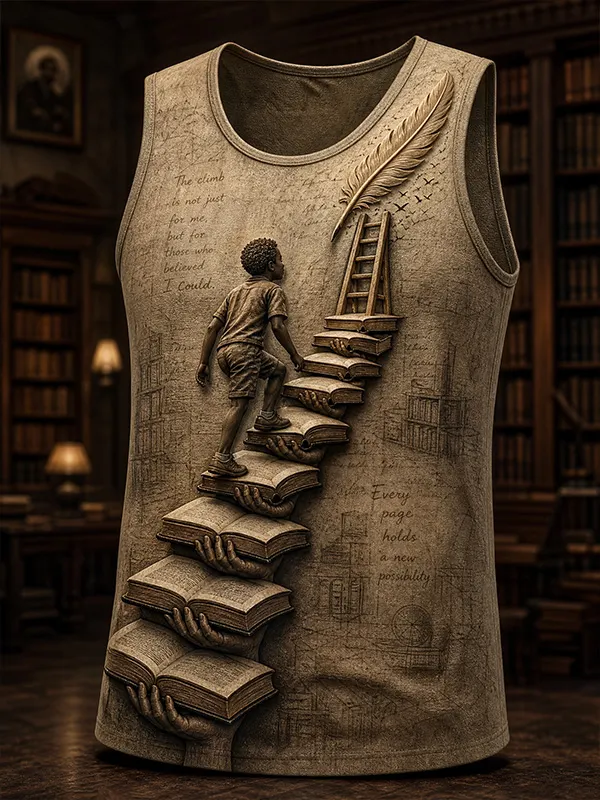 Men's Boy Climbing Book Ladder Feather Art Print Tank Top