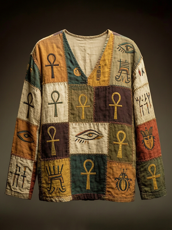 Men's Ankh Ancient Egyptian Symbol Art Print V Neck Long Sleeve T-Shirt