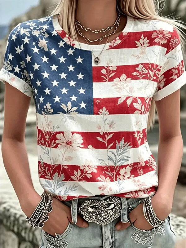 Women's American Flag Flowers Print Casual T-Shirt