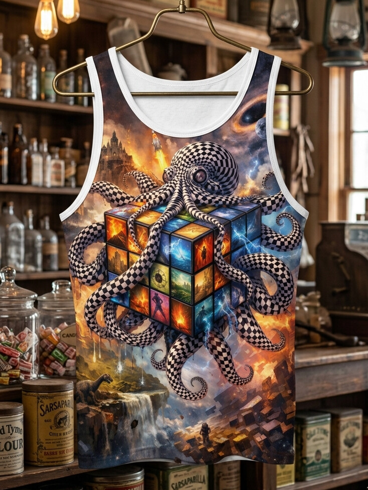 Men's Surreal Checkered Octopus Rubik's Cube Fantasy Art Print Tank Top
