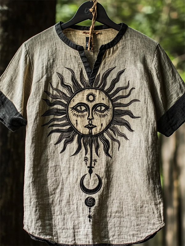Men's Mysterious Sunface Hippie Art Print V Neck T-Shirt