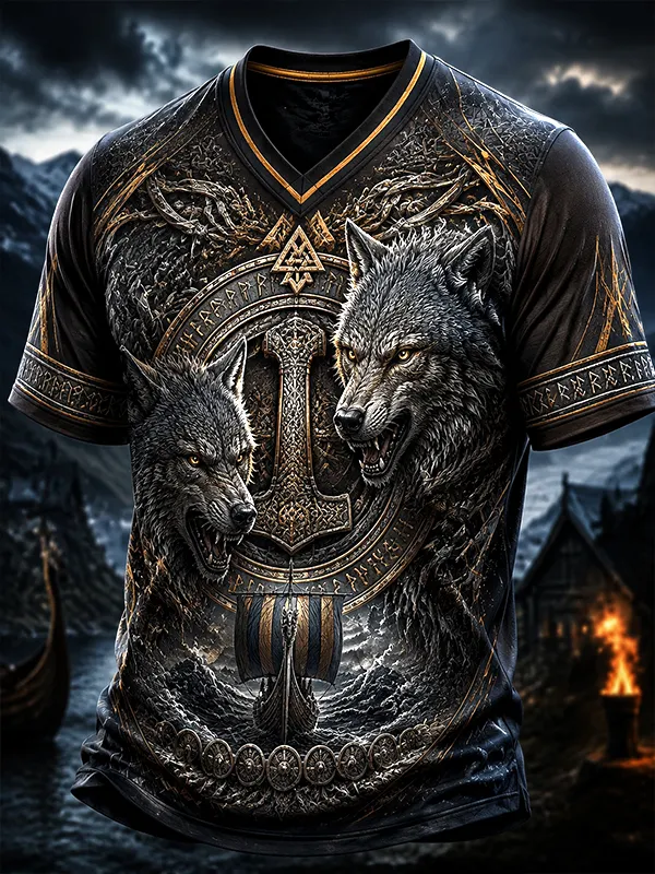 Men's Mysterious Nordic Viking Wolf Art Print T-Shirt