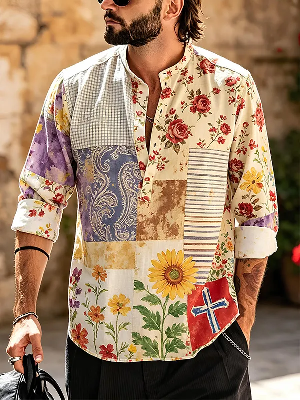 Men's Patchwork Floral Sunflower Patch Art Print Long Sleeve Shirt