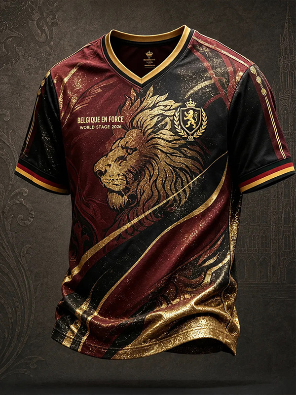 Men's Soccer Jersey Gold Lion Vintage Style Print Casual V Neck T-Shirt