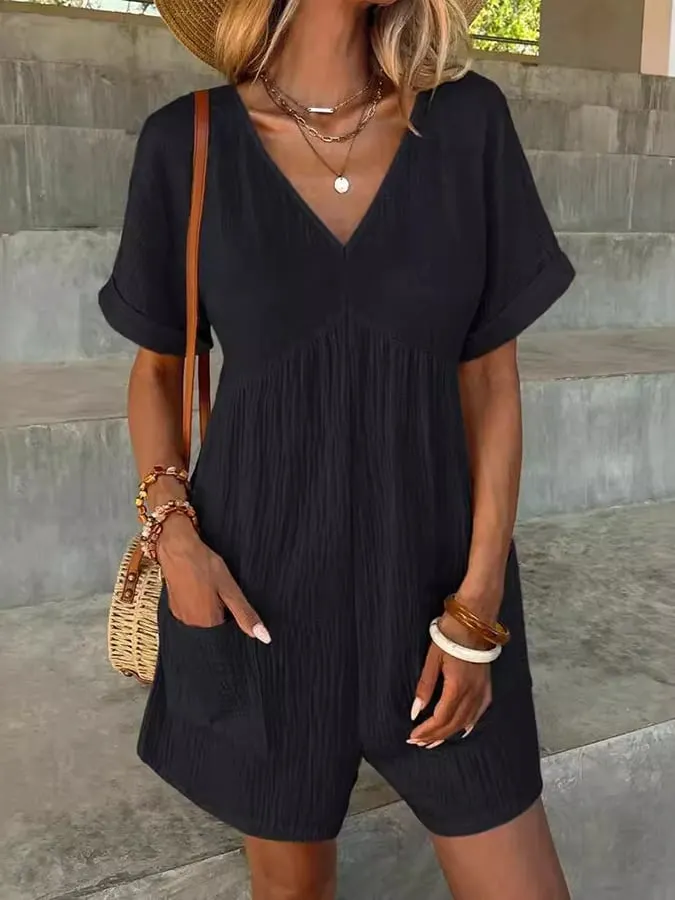 Women's Fashion Solid Color V Neck Loose Bat Sleeve Pocket Zipper Short Sleeve Jumpsuit