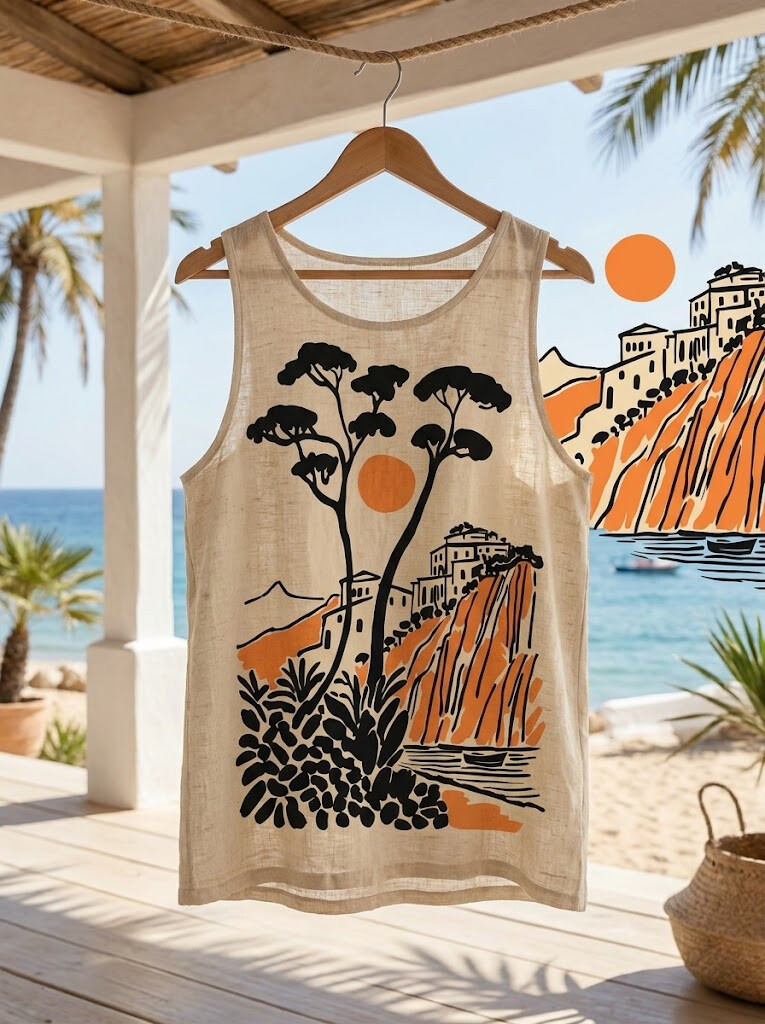 Men's Mediterranean Coastal Landscape Art Print Tank Top